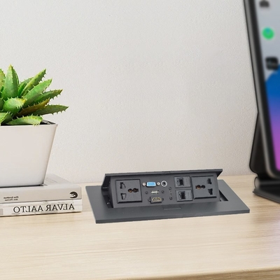 OEM/ODM Οικουμενικές πρίζες 16A/10A AC & Cat6 Data Port PopUp Design Πύλη επιτραπέζιου τραπεζιού IP44 επιπέδου με 2 πύλες