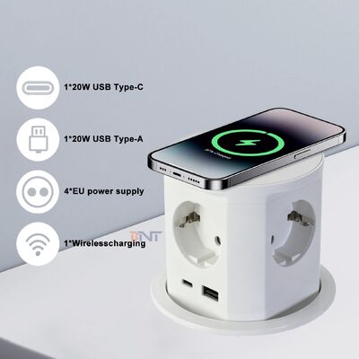 BNT Επιτραπέζιο Γραφείο Εμπορική Χρήση IP44 4 Πρίζες AC 16A ABS Pneumatic Pop Socket USB A+C Θύρες PD20W Φόρτιση